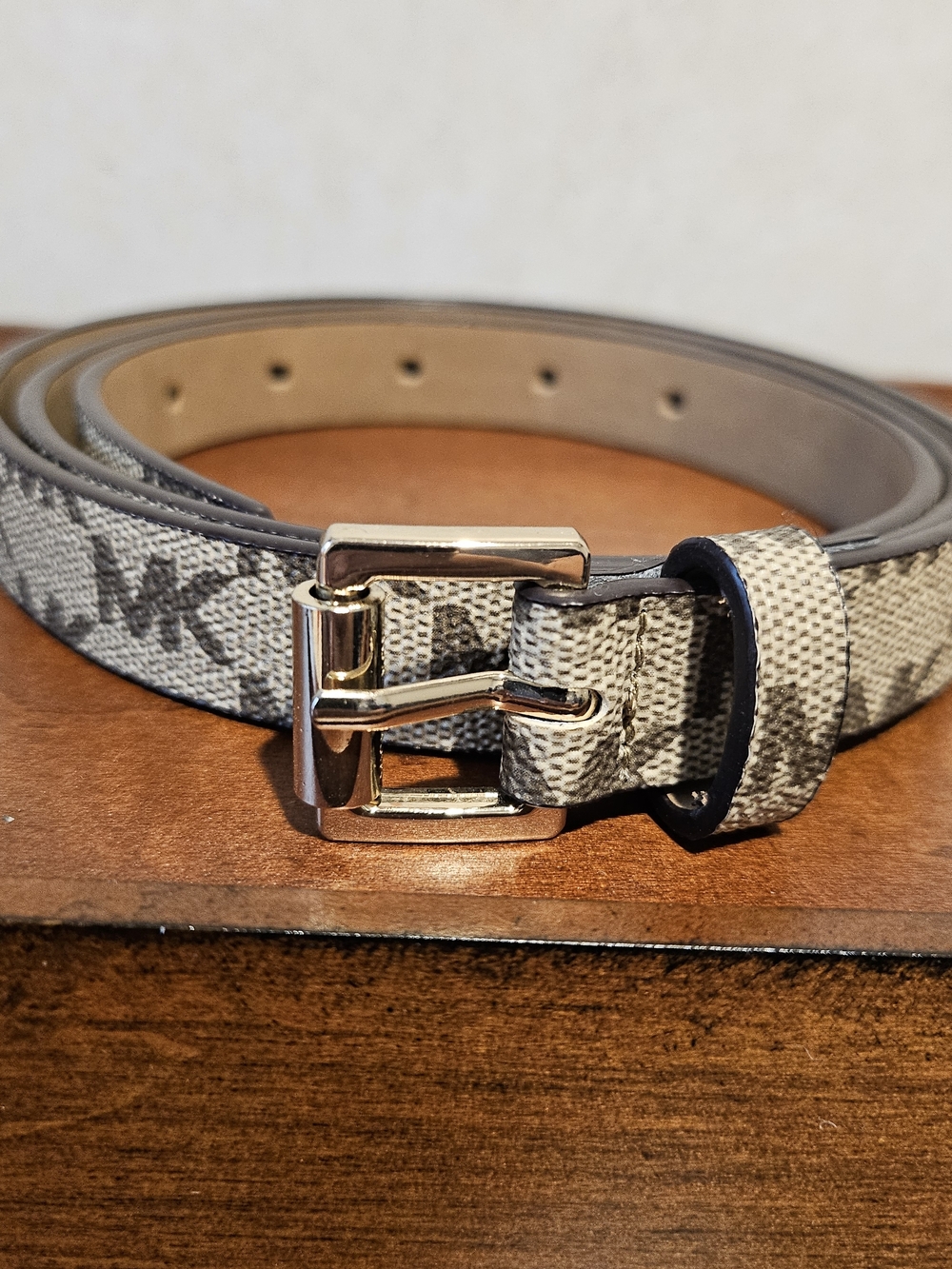 Michael Kors Neutral Patterned Logo Belt with Gold Buckle - Picture 2 of 5